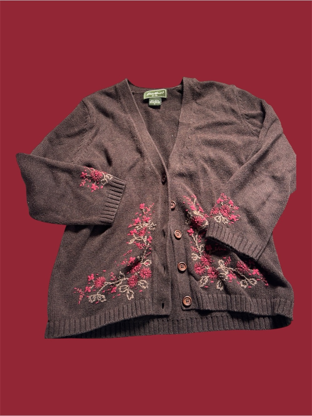 Eddie Bauer Brown Cardigan Sweater with Pink Floral Embroidery